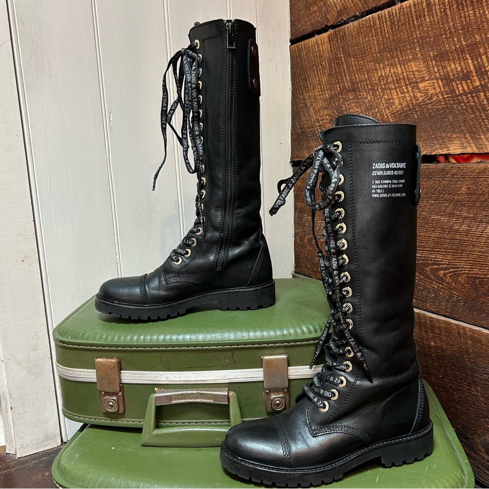 Zadig & Voltaire Goth / Industrial Leather Lace Up Tall Combat Moto Boots 37 - Picture 4 of 13
